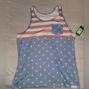 Tipsy Elves Star & Stripe Pocket Tank Top in Light Blue and Coral